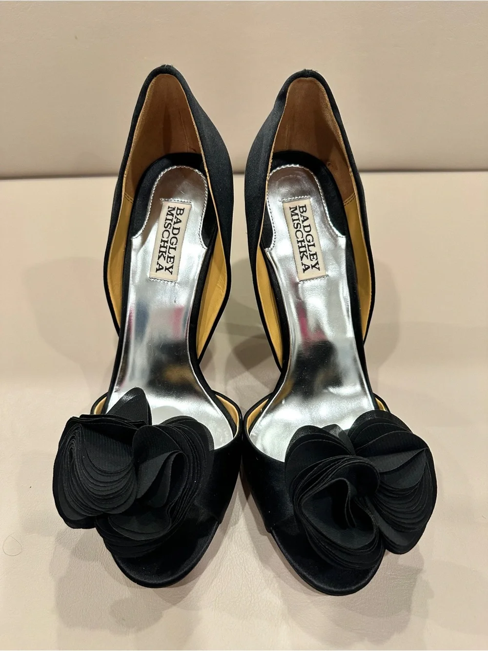 Badgley Mischka Black Satin Peep-Toe Pumps with Flower Accent - Picture 6 of 8